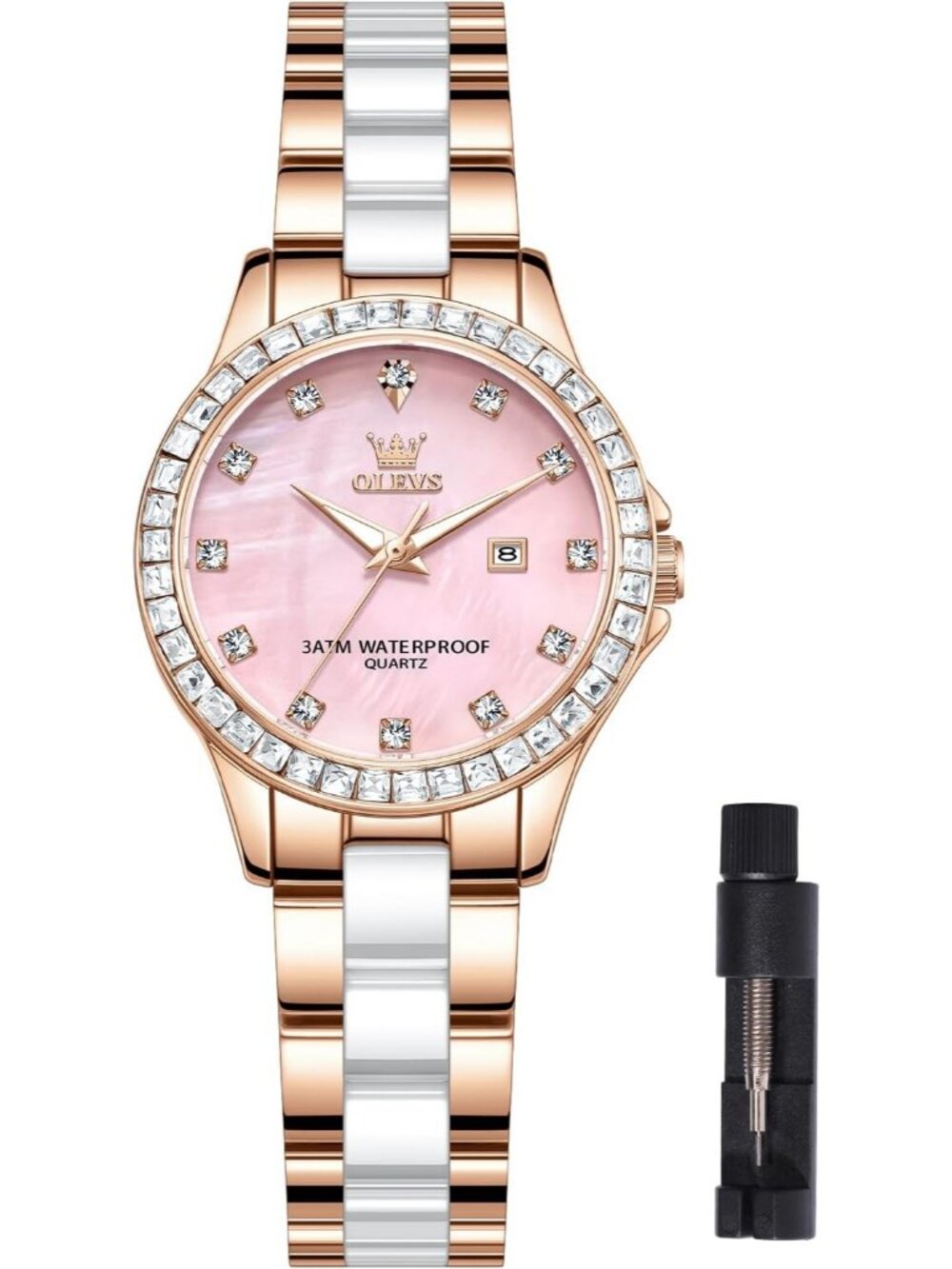 Women's Gold/Pink Ceramic and Stainless Steel Bracelet Mother of Pearl Watches - Picture 1 of 6